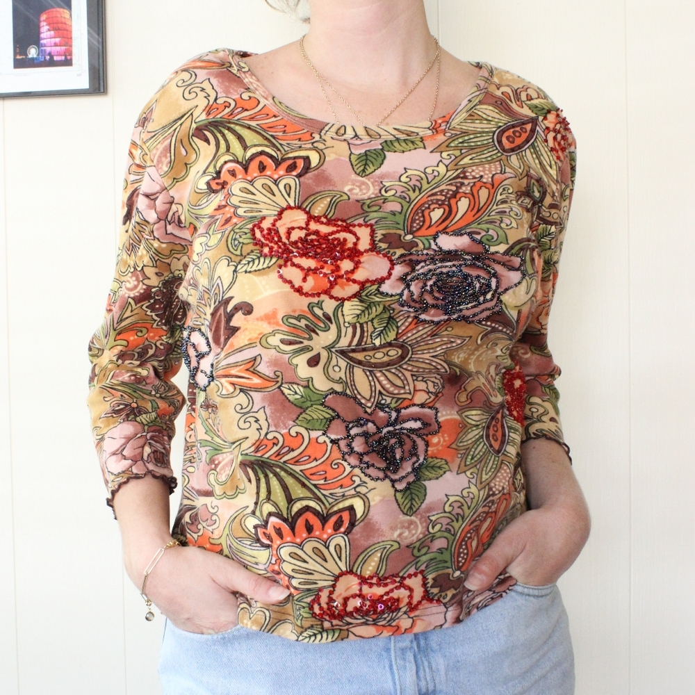 Y2k Zashi Beaded Floral Print Paisley Three Quarter Sleeve with Ruffled Trim